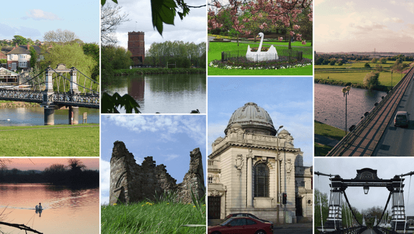 A collage of recognisable Burton-on-Trent landmarks, including Ferry Bridge, Burton Town Hall, and views of the River Trent