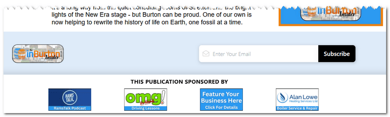 Example footer advertiser strip shown on every InBurton Insider website page