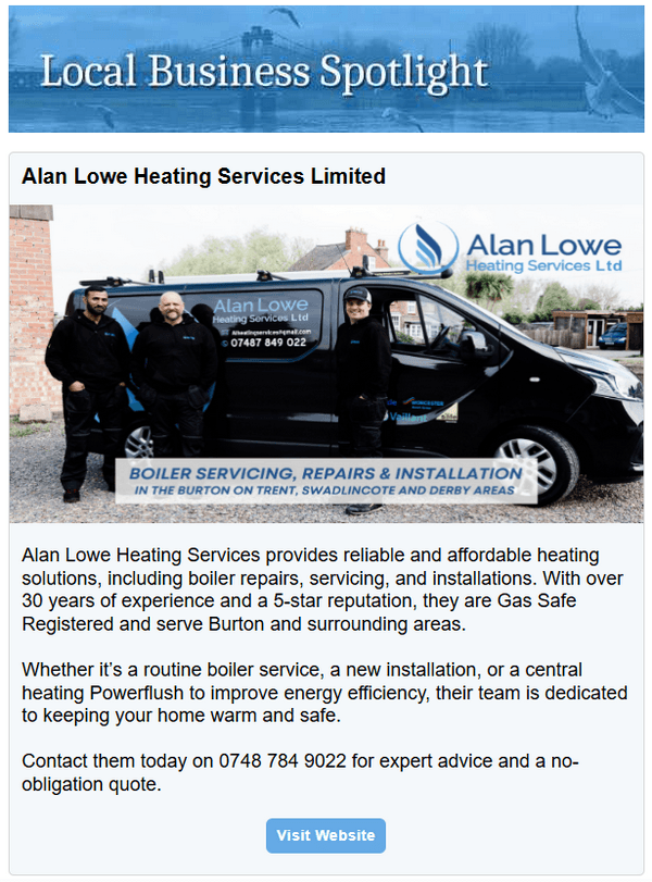 Example Business Spotlight newsletter advert for Alan Lowe Heating Services Limited